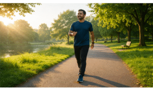 সকালের পার্কে একজন মানুষ দ্রুত হাঁটছেন, চারপাশে সবুজ গাছ ও নির্মল পরিবেশ—হাঁটার উপকারিতার প্রতীকী ছবি