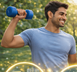 ডাম্বেল ব্যায়াম, স্বাস্থ্যকর খাবার ও সক্রিয় জীবনধারার মাধ্যমে হাড় শক্ত ও মজবুত রাখার চিত্র