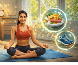 সকালের ব্যায়াম, ধ্যান, স্বাস্থ্যকর খাবার ও নিয়মিত রুটিন অনুসরণের মাধ্যমে সুস্থ জীবনধারা গড়ে তোলার চিত্র