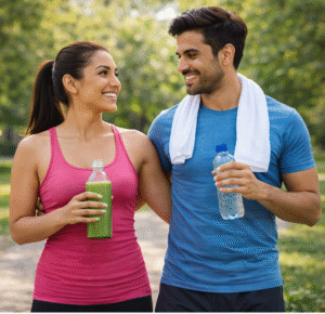 স্বাস্থ্যকর জীবন শুরু করার জন্য একজন নারী ও পুরুষ পার্কে হাঁটছে এবং পানি ও জুস পান করছে যা দৈনিক ভালো অভ্যাস গড়ে তোলার চিত্র