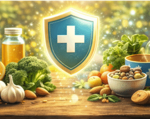 স্বাস্থ্যকর খাবার, ব্যায়াম, পর্যাপ্ত ঘুম ও ধ্যানের মাধ্যমে রোগ প্রতিরোধ ক্ষমতা বাড়ানোর একটি সক্রিয় ও সুস্থ জীবনধারার চিত্র