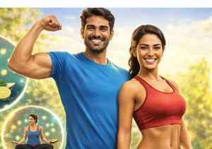 পেটের মেদ নিয়ে চিন্তিত একজন পুরুষ ও নারী, পাশে স্বাস্থ্যকর খাবার, ব্যায়াম ও লাইফস্টাইল পরিবর্তনের উপাদান দেখানো হয়েছে