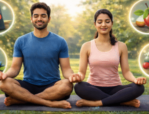 প্রাকৃতিক পরিবেশে ধ্যান করছে একজন নারী ও পুরুষ যা মানসিক চাপ কমানো ও মানসিক স্বাস্থ্যের উন্নতির প্রতীক