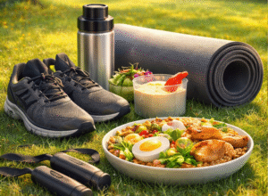 ব্যায়ামের সরঞ্জাম, রানিং জুতা ও পুষ্টিকর খাবারের মাধ্যমে শরীর শক্তিশালী করার স্বাস্থ্যকর লাইফস্টাইলের চিত্র