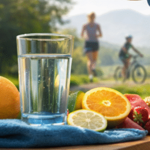 পানি, ফল ও স্বাস্থ্যকর খাবারের মাধ্যমে শরীরে পানির ভারসাম্য বজায় রাখার একটি হাইড্রেশন লাইফস্টাইল চিত্র