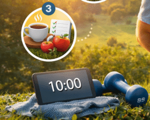 সকালের রুটিনে ব্যায়াম, যোগ ম্যাট ও স্বাস্থ্যকর নাশতার মাধ্যমে দিন শুরু করার একটি সম্পূর্ণ লাইফস্টাইল চিত্র