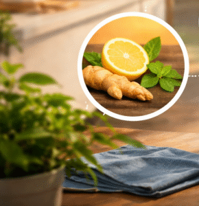 লেবু, আদা, হার্বাল চা ও পুষ্টিকর খাবারের মাধ্যমে প্রাকৃতিকভাবে হজম শক্তি উন্নত করার একটি লাইফস্টাইল চিত্র