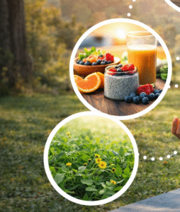 যোগব্যায়াম, স্বাস্থ্যকর খাবার ও প্রাকৃতিক লাইফস্টাইলের মাধ্যমে শরীর ও মনের সুস্থতা বজায় রাখার একটি সম্পূর্ণ দৃশ্য