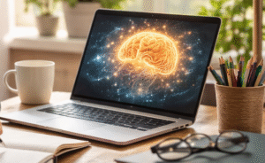 ল্যাপটপ, বই ও নোটবুকসহ একটি স্টাডি সেটআপ যেখানে একজন নারী মনোযোগ দিয়ে কাজ করছে যা ব্রেইন ফাংশন ও কনসেন্ট্রেশন বাড়ানোর ধারণা প্রকাশ করে