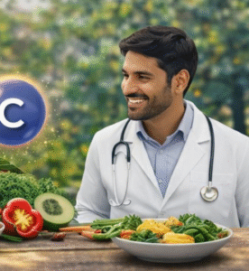 ফলমূল, শাকসবজি ও পুষ্টিকর খাবার গ্রহণের মাধ্যমে ভিটামিন ও মিনারেলের ঘাটতি পূরণের একটি স্বাস্থ্যকর খাদ্যাভ্যাসের চিত্র