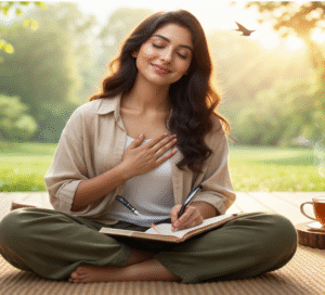 শান্ত পরিবেশে চা পান, জার্নাল লেখা ও রিল্যাক্সেশনের মাধ্যমে মানসিক চাপ কমানোর চিত্র