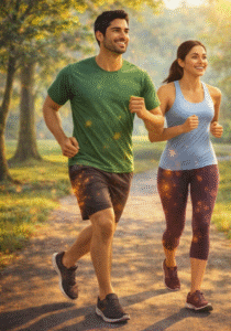 সকালে পার্কে হাঁটছে একজন নারী ও পুরুষ যা সুস্থ জীবন শুরু করার দৈনিক ভালো অভ্যাসের প্রতীক