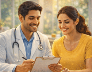 ডাক্তার বা নিউট্রিশনিস্টের পরামর্শে স্বাস্থ্যকর খাবার ও সুষম ডায়েট প্ল্যান অনুসরণের একটি লাইফস্টাইল চিত্র