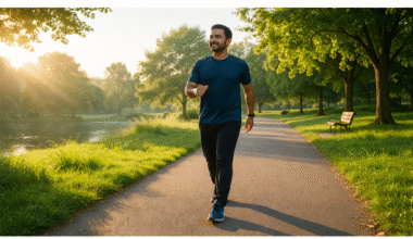 সকালের পার্কে একজন মানুষ দ্রুত হাঁটছেন, চারপাশে সবুজ গাছ ও নির্মল পরিবেশ—হাঁটার উপকারিতার প্রতীকী ছবি