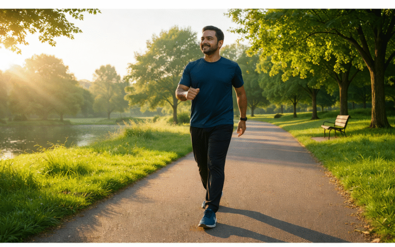 সকালের পার্কে একজন মানুষ দ্রুত হাঁটছেন, চারপাশে সবুজ গাছ ও নির্মল পরিবেশ—হাঁটার উপকারিতার প্রতীকী ছবি