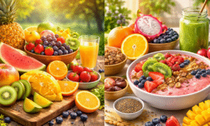 বিভিন্ন ধরনের তাজা ফল যেমন আপেল, কমলা, আঙুর ও তরমুজ একটি কাঠের টেবিলে সাজানো যা প্রতিদিন ফল খাওয়ার উপকারিতার চিত্র