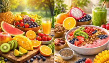 বিভিন্ন ধরনের তাজা ফল যেমন আপেল, কমলা, আঙুর ও তরমুজ একটি কাঠের টেবিলে সাজানো যা প্রতিদিন ফল খাওয়ার উপকারিতার চিত্র