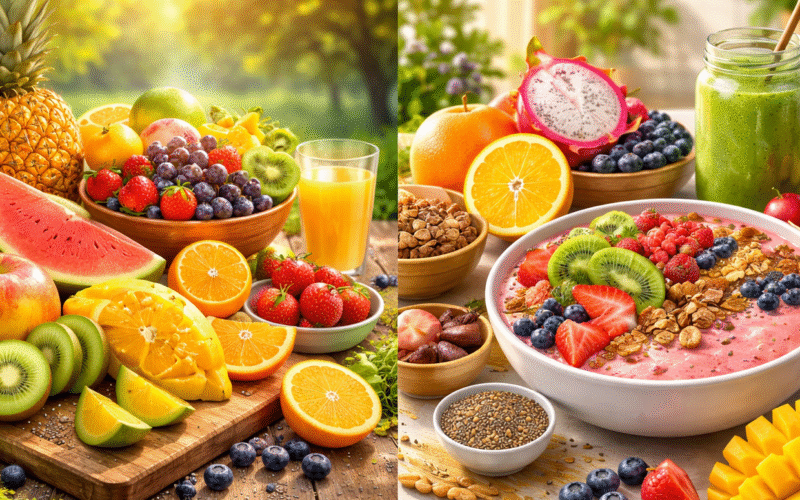 বিভিন্ন ধরনের তাজা ফল যেমন আপেল, কমলা, আঙুর ও তরমুজ একটি কাঠের টেবিলে সাজানো যা প্রতিদিন ফল খাওয়ার উপকারিতার চিত্র