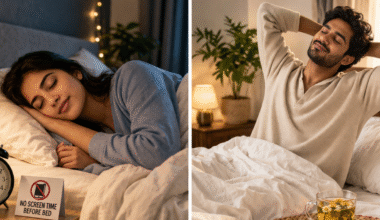 চা, মোমবাতি, আই মাস্ক ও নোটবুকসহ একটি শান্ত রাতের রুটিন যা ভালো ঘুম নিশ্চিত করার পরিবেশ দেখায়