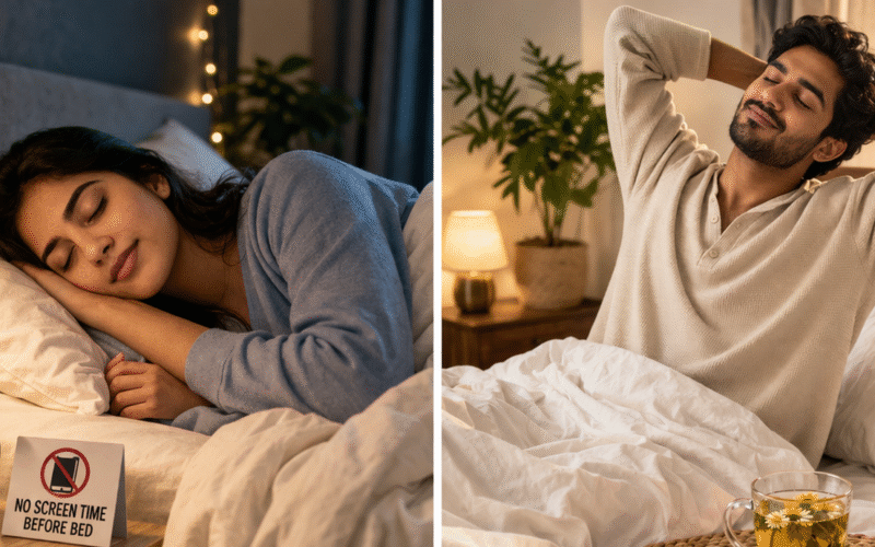 চা, মোমবাতি, আই মাস্ক ও নোটবুকসহ একটি শান্ত রাতের রুটিন যা ভালো ঘুম নিশ্চিত করার পরিবেশ দেখায়