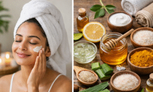 মধু, অ্যালোভেরা, লেবু ও হলুদের মতো প্রাকৃতিক উপাদান দিয়ে ত্বকের যত্ন নেওয়ার একটি হার্বাল স্কিন কেয়ার সেটআপ