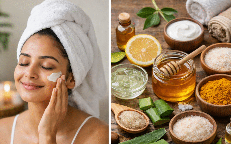মধু, অ্যালোভেরা, লেবু ও হলুদের মতো প্রাকৃতিক উপাদান দিয়ে ত্বকের যত্ন নেওয়ার একটি হার্বাল স্কিন কেয়ার সেটআপ