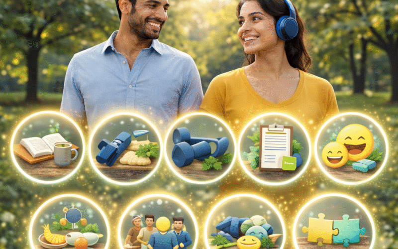 হাঁটা, সামাজিক সময় কাটানো, ব্যায়াম ও আনন্দের মাধ্যমে মানসিক স্বাস্থ্যের উন্নতি ও সুখী জীবনের চিত্র