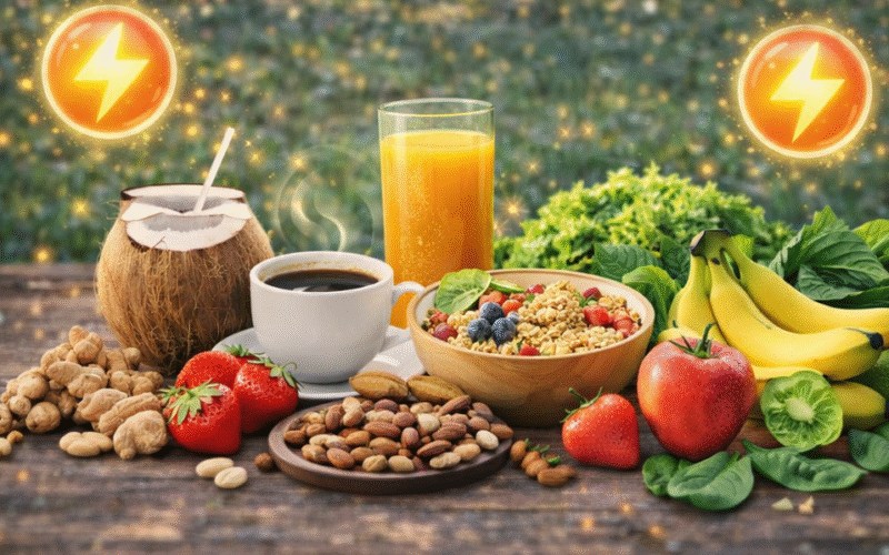 ফলমূল, বাদাম, জুস ও পুষ্টিকর খাবারের মাধ্যমে শরীরের শক্তি বৃদ্ধি ও এনার্জি ধরে রাখার চিত্র