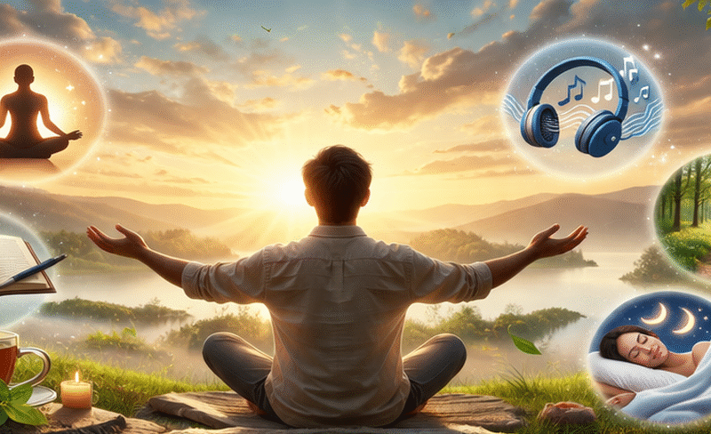 প্রকৃতির মাঝে ধ্যান ও রিল্যাক্সেশনের মাধ্যমে মানসিক চাপ কমানোর একটি শান্ত ও প্রশান্ত দৃশ্য