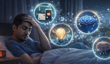 শান্ত পরিবেশে একজন ব্যক্তি গভীর ঘুমে রয়েছে, পাশে হারবাল চা, বই ও রিল্যাক্সেশন উপকরণ যা ভালো ঘুমের উপায় নির্দেশ করে