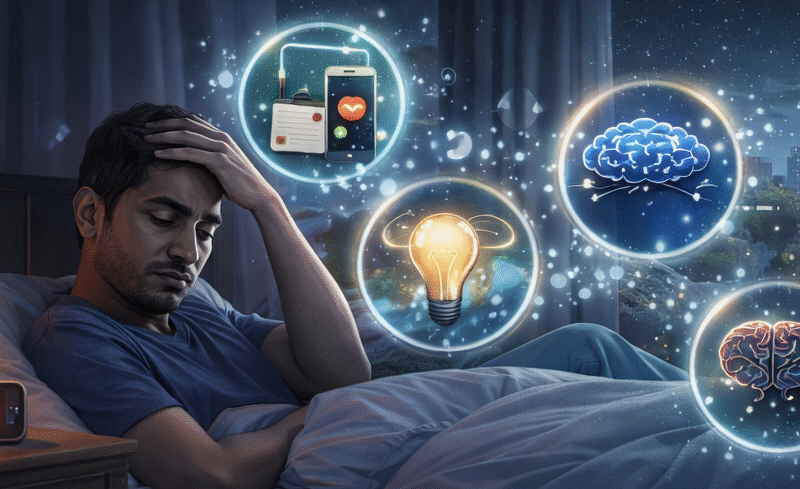 শান্ত পরিবেশে একজন ব্যক্তি গভীর ঘুমে রয়েছে, পাশে হারবাল চা, বই ও রিল্যাক্সেশন উপকরণ যা ভালো ঘুমের উপায় নির্দেশ করে