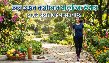 একজন ফিট নারী দাঁড়িয়ে আছে, চারপাশে স্বাস্থ্যকর খাবার, ব্যায়াম, ঘুম ও পানি পান করার আইকনসহ দ্রুত ওজন কমানোর প্রাকৃতিক উপায় দেখানো হয়েছে"