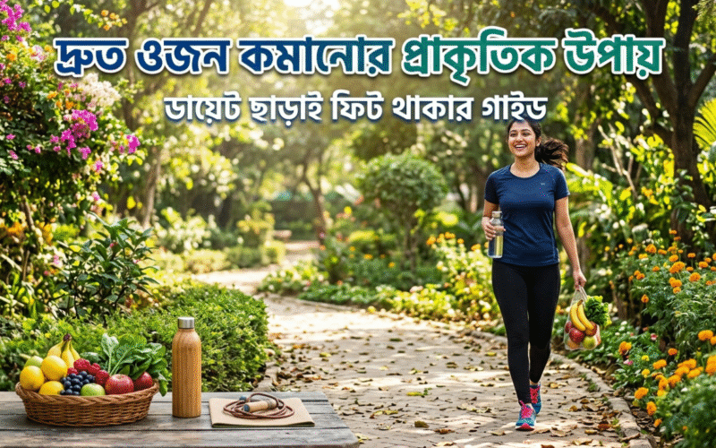 একজন ফিট নারী দাঁড়িয়ে আছে, চারপাশে স্বাস্থ্যকর খাবার, ব্যায়াম, ঘুম ও পানি পান করার আইকনসহ দ্রুত ওজন কমানোর প্রাকৃতিক উপায় দেখানো হয়েছে"
